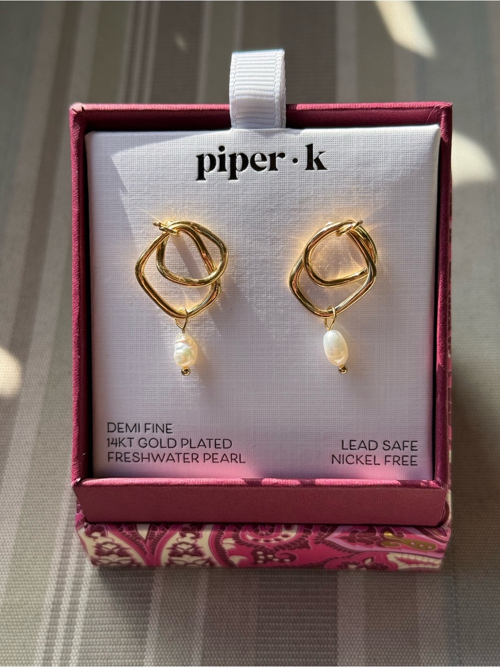 Piper K Gold Interlocking Hoop Drop Earrings with Freshwater Pearls